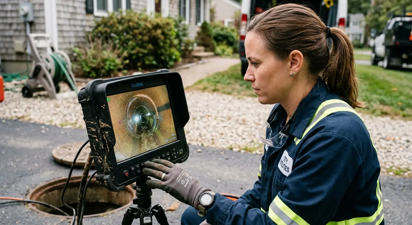 Technician reviewing sewer camera inspection footage in Batavia