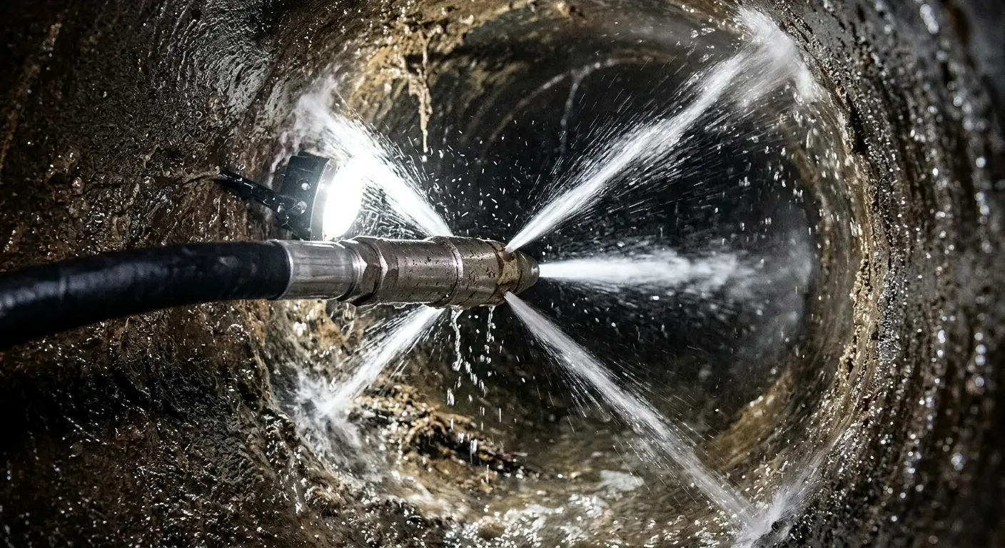High-pressure hydro jetting nozzle cleaning sewer pipe for Trenchless Sewer Repair in Batavia
