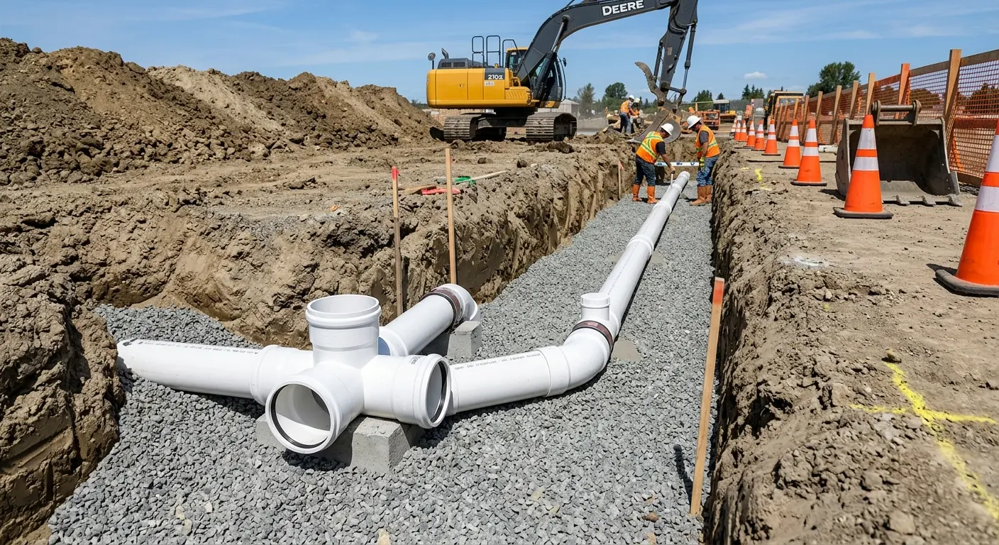 New PVC sewer pipe installation in open trench for Commercial Drain Cleaning in Batavia