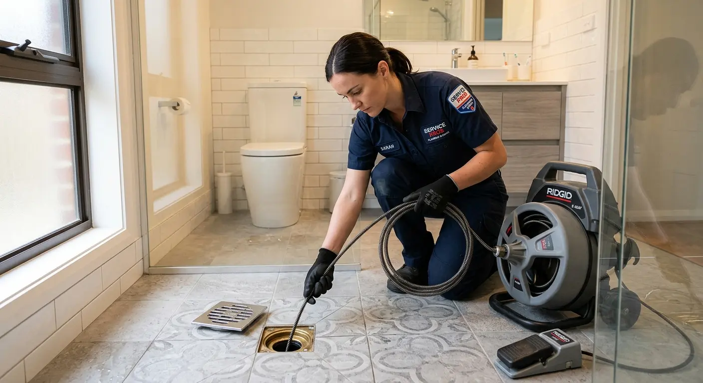 Technician clearing a bathroom floor drain for Drain Cleaning in Batavia